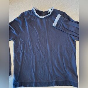 Carolina Belle Navy Blue Top with ruffled Striped Accents. SZ L. Cotton modal